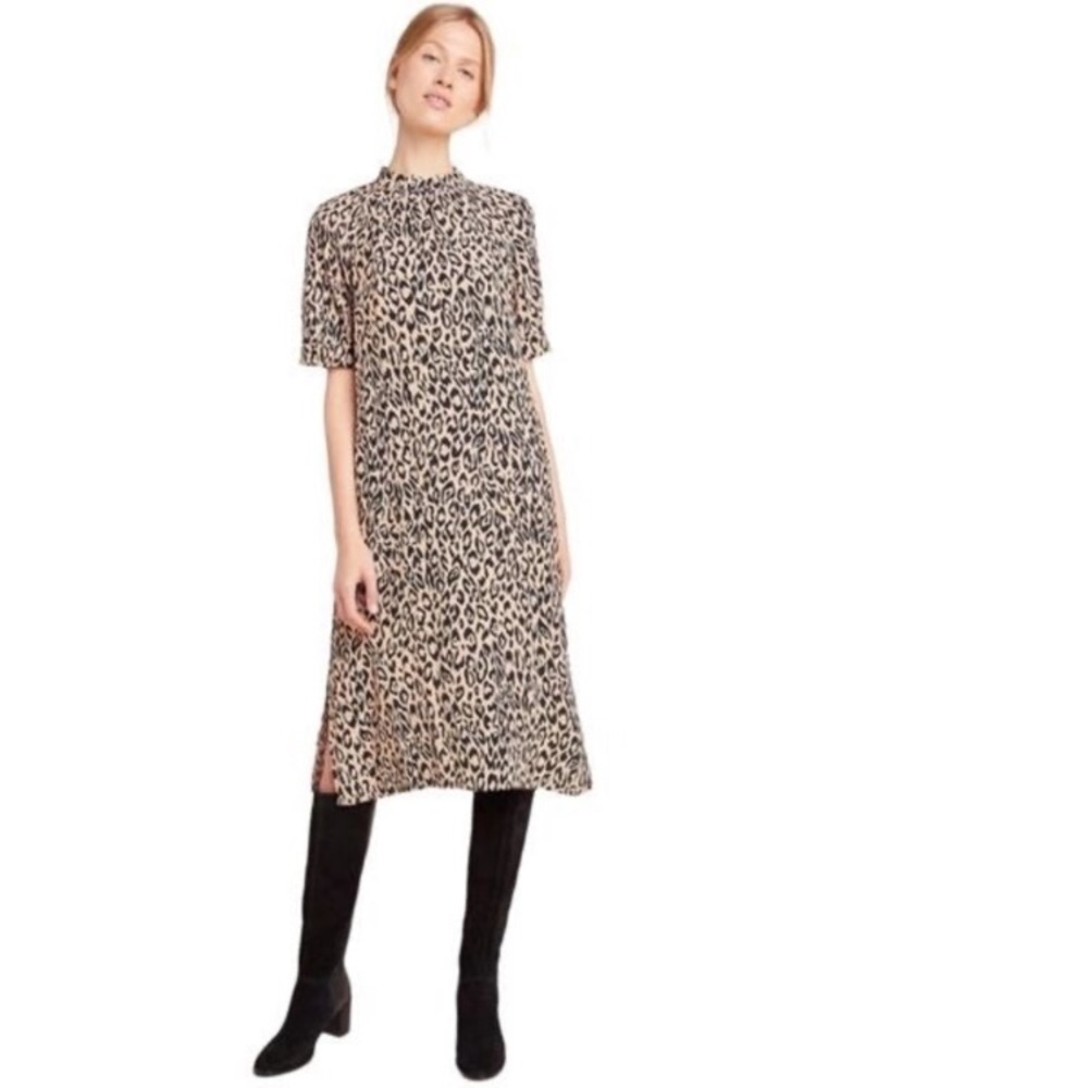 ANTHROPOLOGIE Mock Neck Cheetah Print Midi Dress - Picture 1 of 15